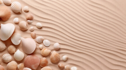 Fototapeta na wymiar Summer Wallpaper with sand and Starfishes and Oyster cells , Golden, white pink Sand. Ideal fro product placement or Background.