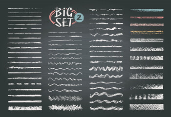 Big set of chalk, oil pastel and crayon strokes. Hand drawn grunge lines with grainy texture on chalkboard background. Art brusher are added to the brushes panel. © vasianka