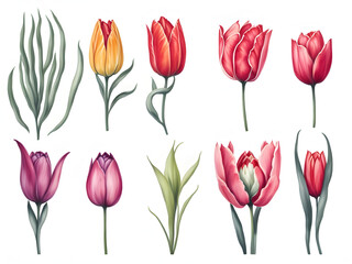 set of watercolor tulip on white background, generative ai