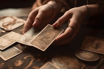 closeup of a woman's hands reading tarot cards at a table a mystical environment, generative ai