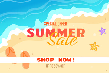 Summer sale banner vector illustration. top view of summer beach waves background