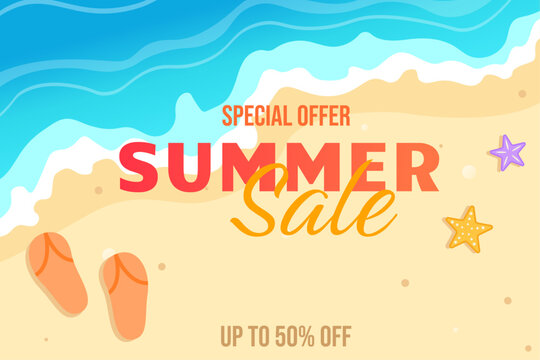 Summer sale banner vector illustration. top view of summer beach waves background
