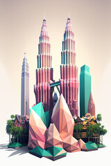 Ai generated illustration modern art poster low poly of kuala lumpur malaysia cityscrapper