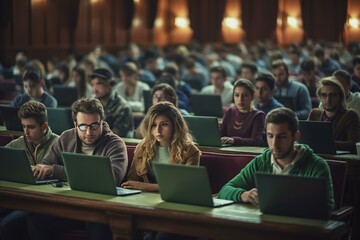 Class Of University Students Using Laptops In Lecture. Smart Young People Study at the College. Generative AI - obrazy, fototapety, plakaty