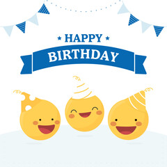 Fototapeta premium Happy Birthday greetings card vector, with a group of yellow face emoticons. Cute smiling emoji celebrating with party hats, birthday day text banner, pennants and garland. Social network template 