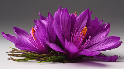 Bright autumn purple flowers colchicum close up on a white isolated background. Generative Ai