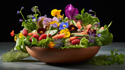 Obraz na płótnie Canvas A colorful salad bowl filled with mixed greens, vibrant vegetables, and edible flowers, capturing the freshness and variety of the ingredients Generative AI