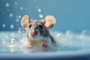 Fototapeta na wymiar Close-up Cute little mouse washes in a toy tub with foam and soap bubbles isolated on a flat blue background. Generative AI professional photo imitation.