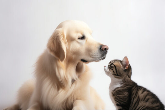 a dog kisses a cat on a white background