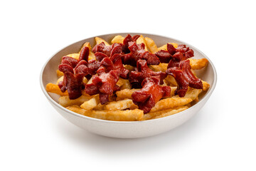 Bowl of Salchipapas., french fries and hot dogs