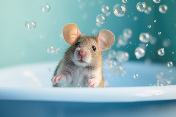 Cute brown little mouse washes in a toy tub with foam and soap bubbles isolated on a flat blue background. Generative AI professional photo imitation.