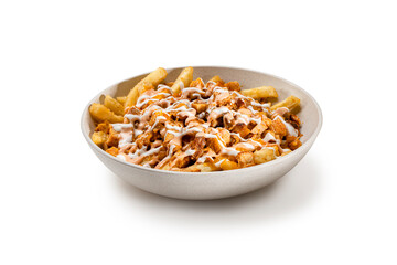 French Fries topped with chicken, sour cream and pink sauce