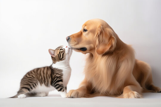 a dog kisses a cat on a white background