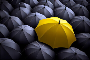 Yellow umbrella in a crowd of black one. Individuality concept. Generative ai