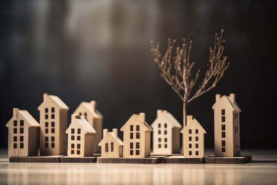 Creative miniature wooden houses displayed on a table, a rustic village with intricate architecture and handmade details, perfect for home decor or as collectible toys. AI Generative.