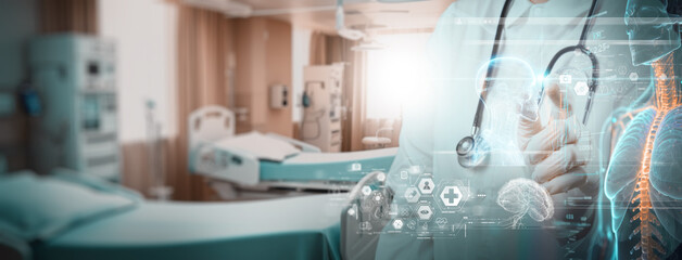 Healthcare and medical doctor working with laboratory research and development. Medical technology service to solve people health.