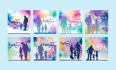 Set of Watercolor Background Happy Father's Day With Dad And Children banner or poster.Vector illustration.