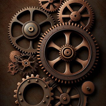 Vintage rusty gears, square steampunk industrial background. Dark cooper brass cog wheels. Generative AI image.