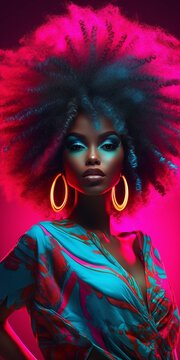 H&uuml;bsches Gesicht einer attraktiven Afroamerikanischen Frau mit Neon Licht Nahaufnahme Portr&auml;t, ai generativ