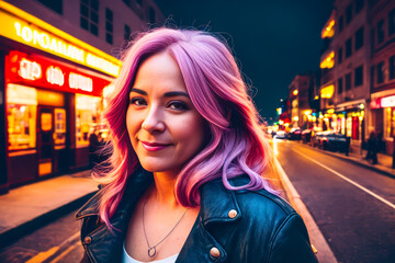Fototapeta na wymiar Smiling happy healthy woman with long pink-violet hair walking on a night street. Travel concept. Generative AI