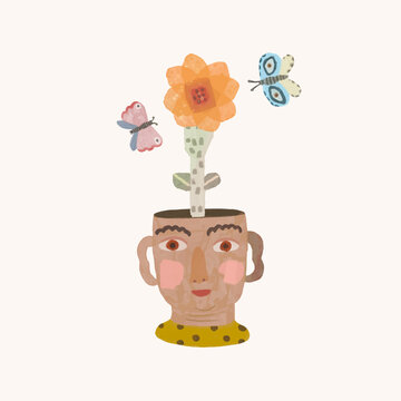 Flowers in kid heads. watercolor painting vector illustration. boy and nature. conceptual artwork of dream,hope, mind, education