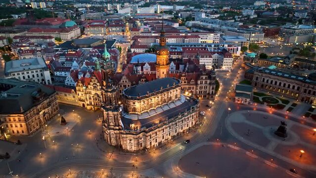 Aerial view in Dresden old town on Elbe river .Drone shot of the center of the Saxony state capital Dresden , Germany