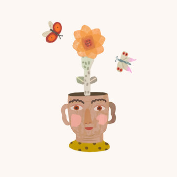 Flowers in kid heads. watercolor painting vector illustration. boy and nature. conceptual artwork of dream,hope, mind, education