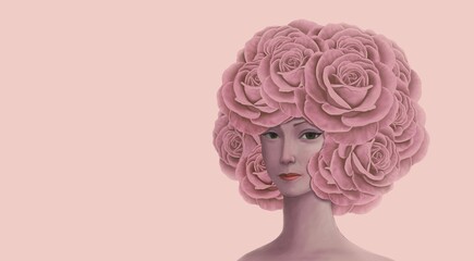 Woman with rose head painting. surreal illustration.