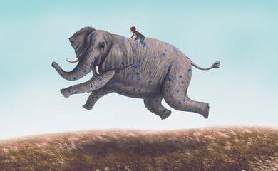 Boy riding flying animal. surreal artwork.