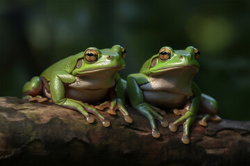 a pair of green frogs on a tree branch