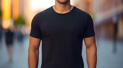 Young Model Shirt Mockup, Boy wearing black t-shirt on street in daylight, Shirt Mockup Template on hipster adult for design print, Male guy wearing casual t-shirt mockup placement, generative ai