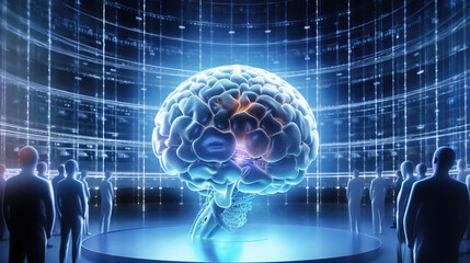 Fototapeta premium People looking at giant human brain as a supercomputer server in futuristic data center. Generative AI