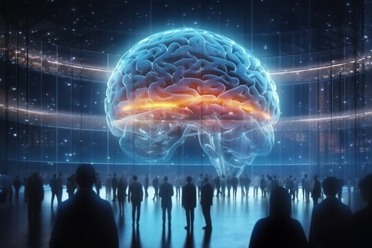 People looking at giant human brain as a supercomputer server in futuristic data center. Generative AI