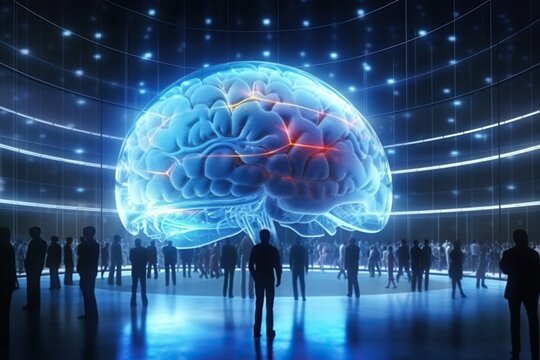 People looking at giant human brain as a supercomputer server in futuristic data center. Generative AI