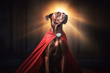 Studio portrait of superhero dog wearing red cape, cute hero. Generative AI