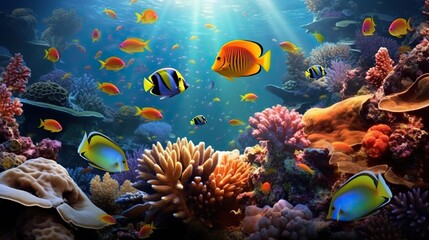 Fototapeta na wymiar Tropical paradise, vibrant underwater landscape of colorful fish, coral reef in the caribbean, ideal for scuba and snorkel explorations. Generative AI