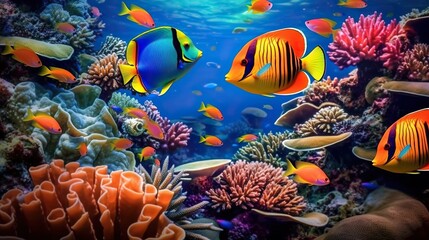Tropical paradise, vibrant underwater landscape of colorful fish, coral reef in the caribbean, ideal for scuba and snorkel explorations. Generative AI - obrazy, fototapety, plakaty