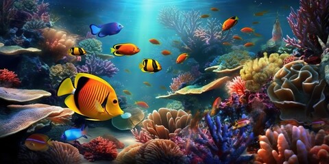 Obraz na płótnie Canvas Tropical paradise, vibrant underwater landscape of colorful fish, coral reef in the caribbean, ideal for scuba and snorkel explorations. Generative AI