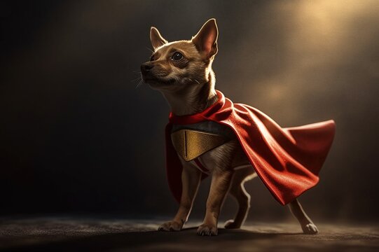 Studio Portrait Of Superhero Dog Wearing Red Cape, Cute Hero. Generative AI