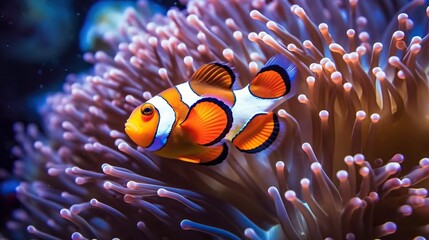 Close-up of clownfish nestled in anemone within vibrant underwater coral reef, showcasing ecosystem exotic diversity. Generative AI