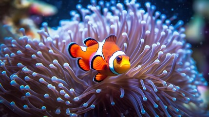 Naklejka na ściany i meble Close-up of clownfish nestled in anemone within vibrant underwater coral reef, showcasing ecosystem exotic diversity. Generative AI