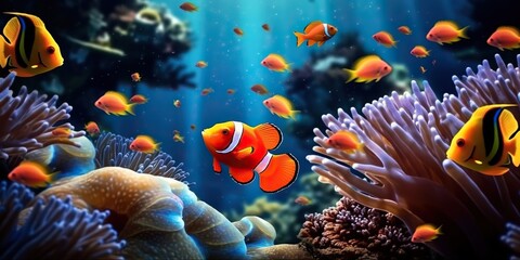 Fototapeta na wymiar Close-up of clownfish nestled in anemone within vibrant underwater coral reef, showcasing ecosystem exotic diversity. Generative AI