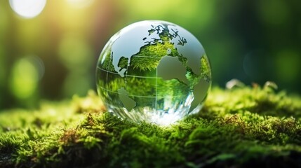 Obraz na płótnie Canvas Crystal planet Earth, glass globe reflecting lush green grass and forest, encapsulating ecology and environmental conservation concept in a sustainable world. Generative AI