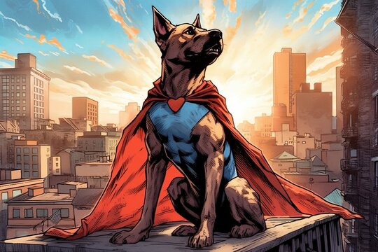 Comic book illustration of superhero dog wearing red cape, sitting on the roof like a defender of the city. Generative AI