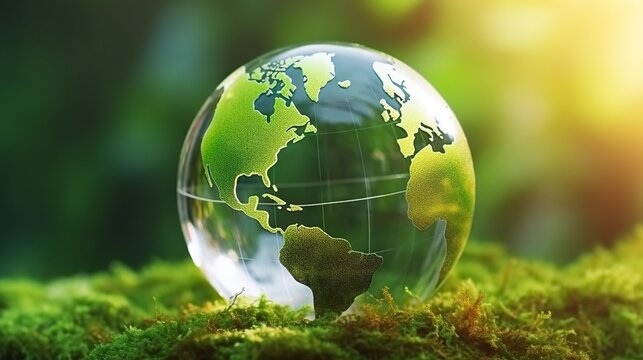 Crystal planet Earth, glass globe reflecting lush green grass and forest, encapsulating ecology and environmental conservation concept in a sustainable world. Generative AI