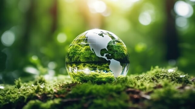 Crystal planet Earth, glass globe reflecting lush green grass and forest, encapsulating ecology and environmental conservation concept in a sustainable world. Generative AI