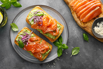 Sandwiches with salted salmon. Healthy food, breakfast. Top view - 609689457