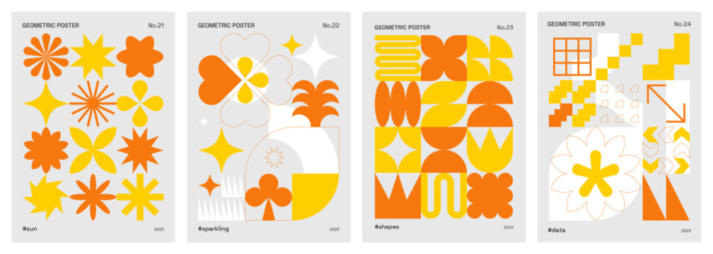 Geometric poster set. Abstract modern minimalist background. Yellow and orange basic vector shapes. Designs with symbols and geometry influenced by swiss style and modernism. Trendy patterns.