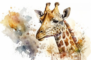 Watercolor portrait of giraffe, AI generated