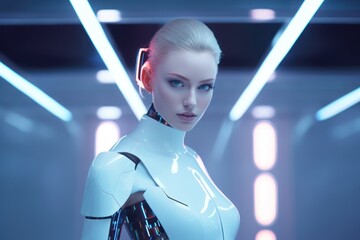 portrait of a female robot-android in high-tech interior, ai tools generated image